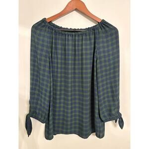 Talbots Green & Navy Plaid Off-Shoulder Blouse | Women’s Size Small